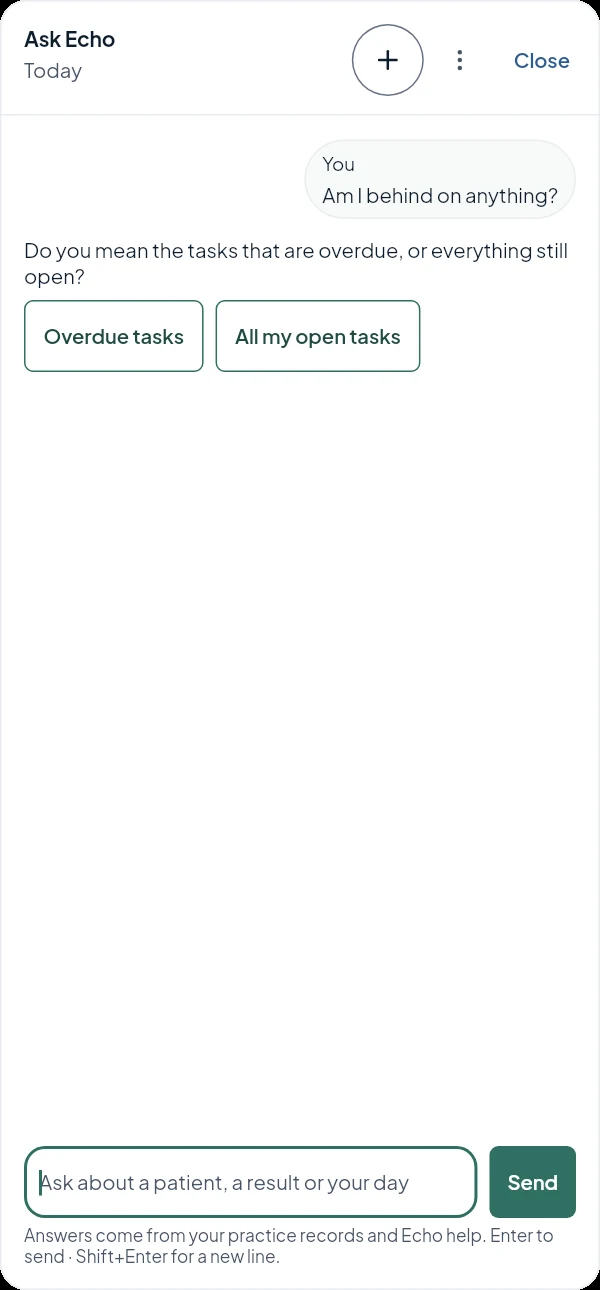 Ask Echo asking whether 'am I behind' means overdue tasks or all open tasks, with a button for each.
