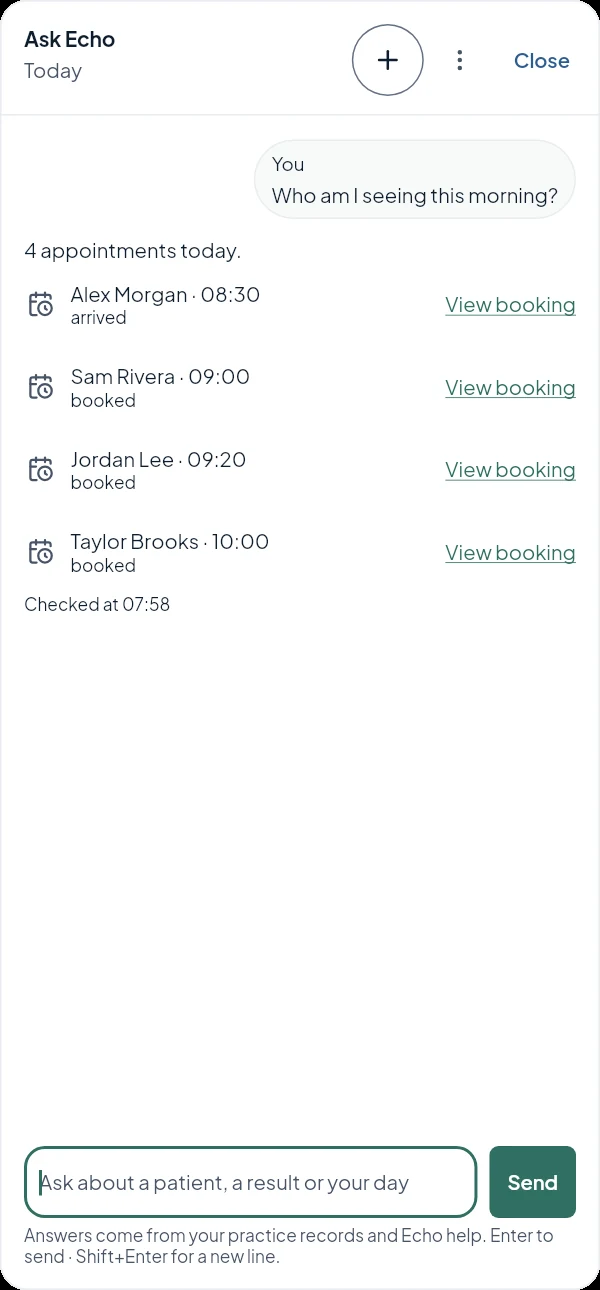 Ask Echo answering who am I seeing this morning: four appointments with times, arrival status and a link to each booking.