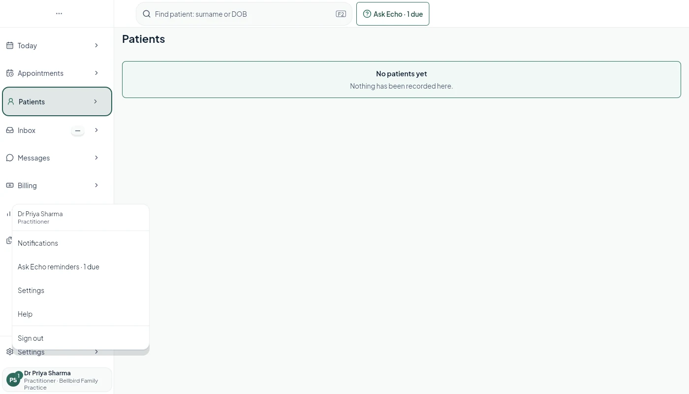 The Echo One header showing Ask Echo with one question due, and the account menu listing Ask Echo reminders.