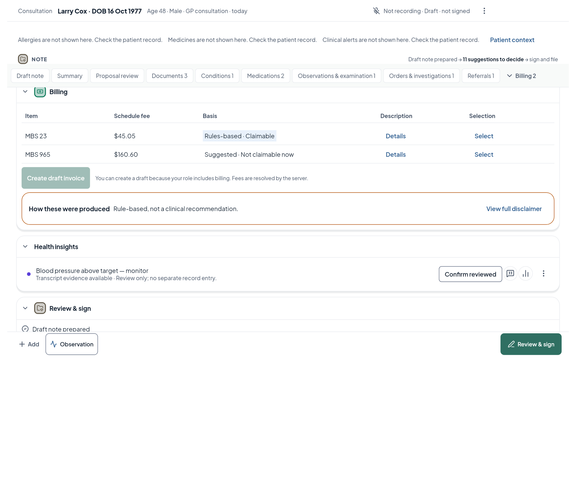 Billing review inside the consultation: MBS items with fees, rule-based, selected by the clinician.