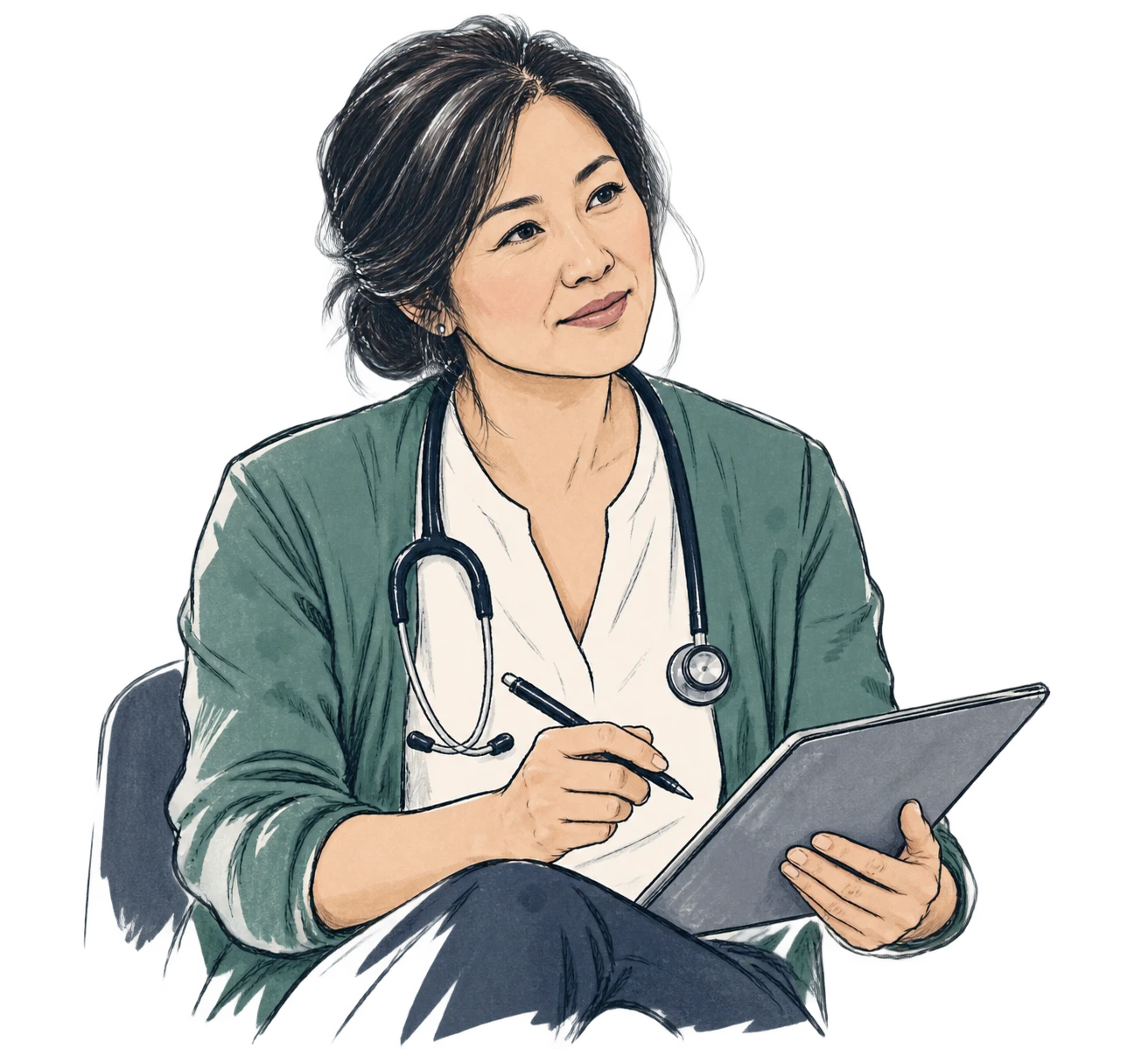 Illustration of Dr Sarah Nguyen, GP, holding a tablet.