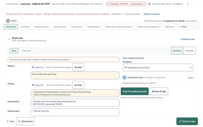 Echo One 0.2.7 consultation with source transcript, draft note and review controls