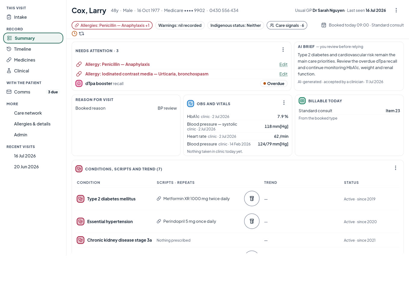 A patient record summary: needs-attention items, an AI brief marked for clinician review, observations and conditions