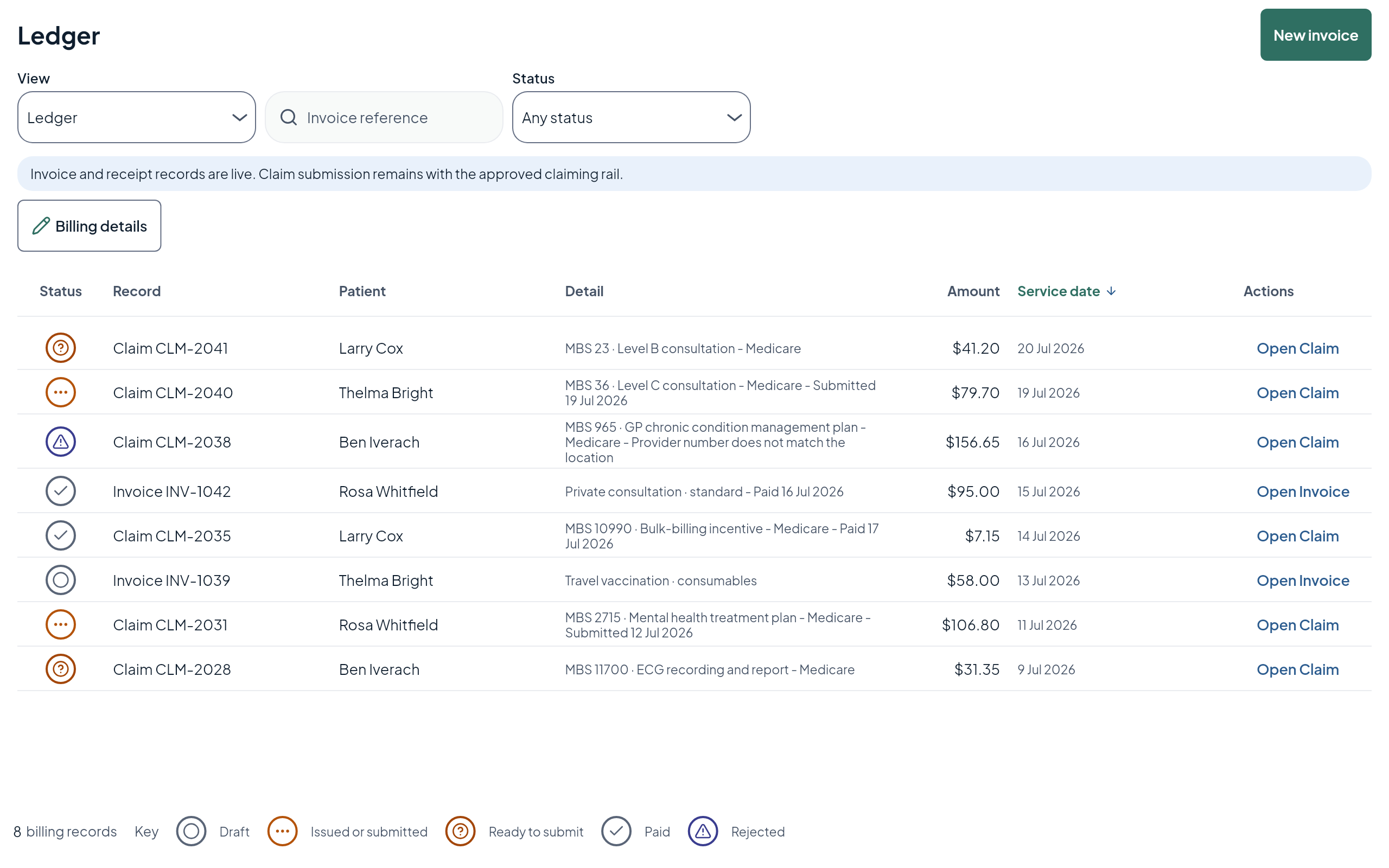 The billing ledger: claims and invoices with their status.