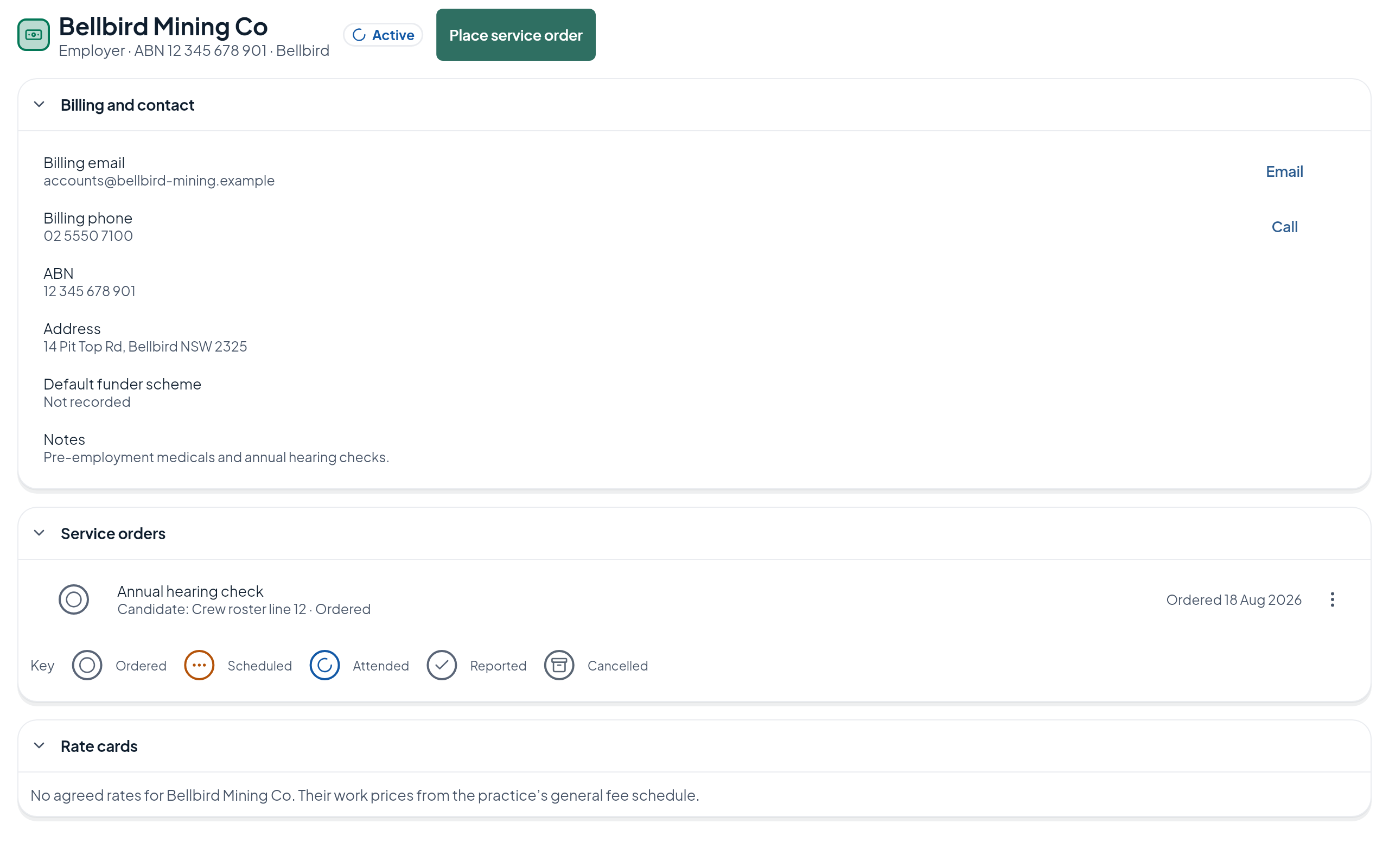 Your organisation as the clinic sees it in Echo One: billing contact, service orders with their status, and rate cards
