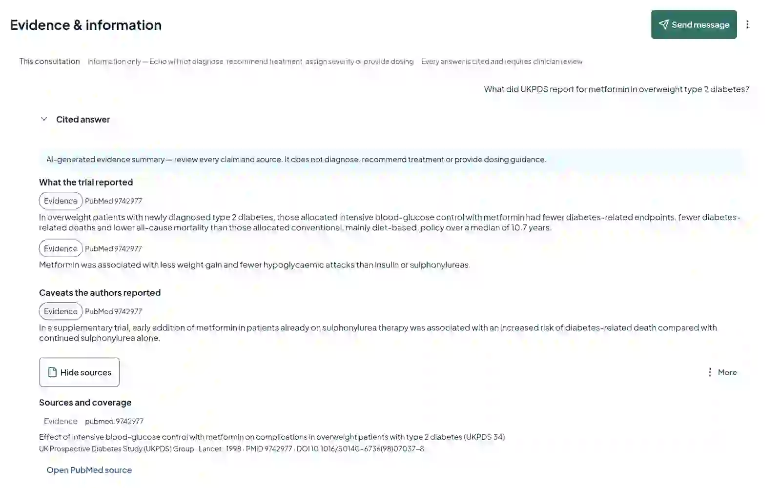 A clinical question answered with every statement citing a PubMed source.