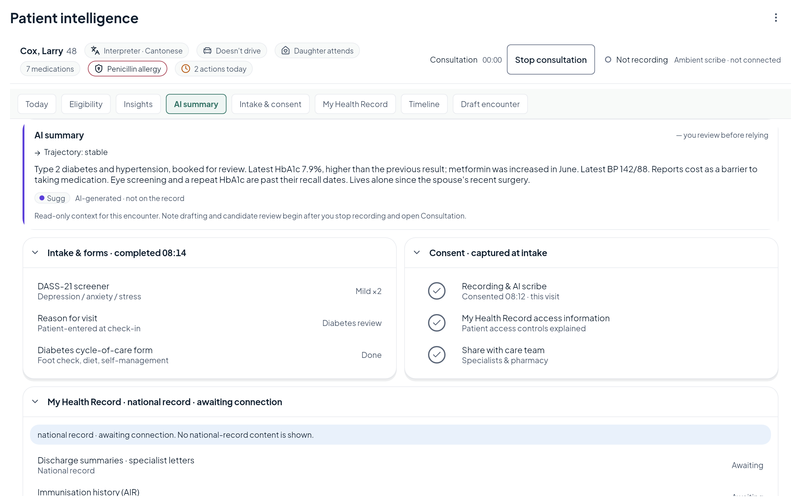Patient Intelligence for Larry Cox: an AI summary marked as a suggestion, intake forms and consents captured at intake.