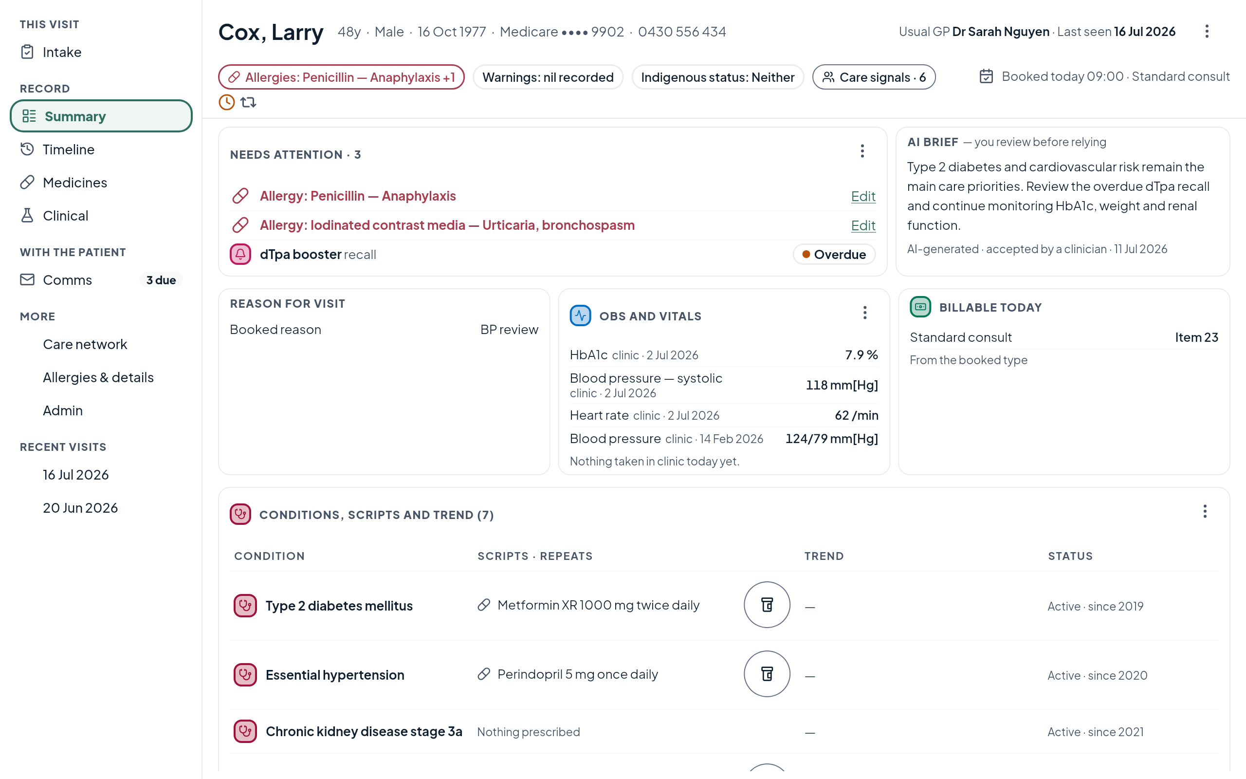 Larry Cox's patient record in Echo One: needs-attention items, AI brief for review, observations and conditions.