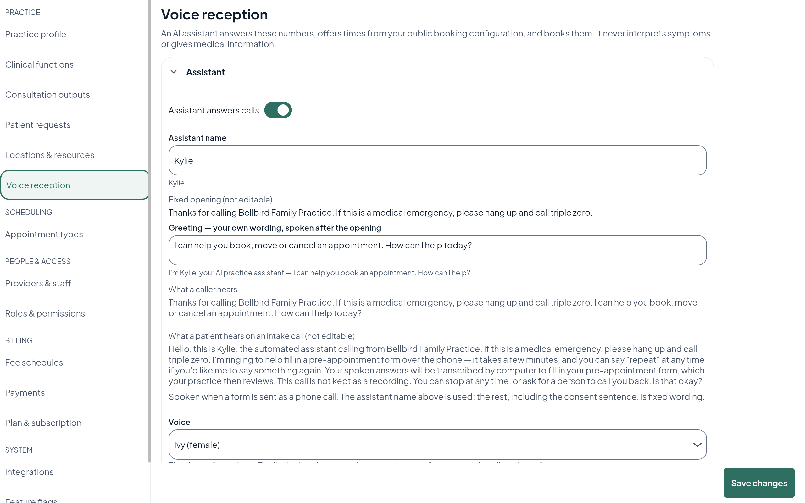 Voice reception settings: the assistant answers calls, the fixed emergency opening, the practice's own greeting, and what a caller hears.