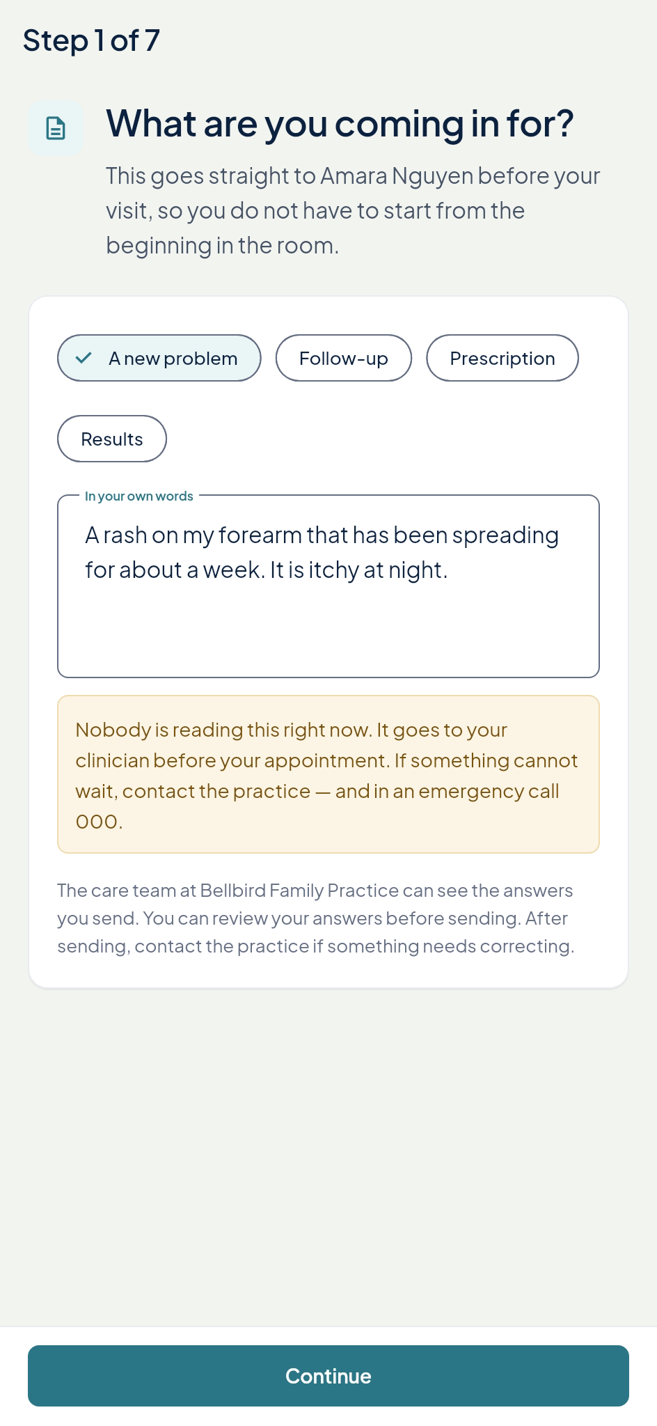 Echo Patient intake on the patient's phone: what are you coming in for?