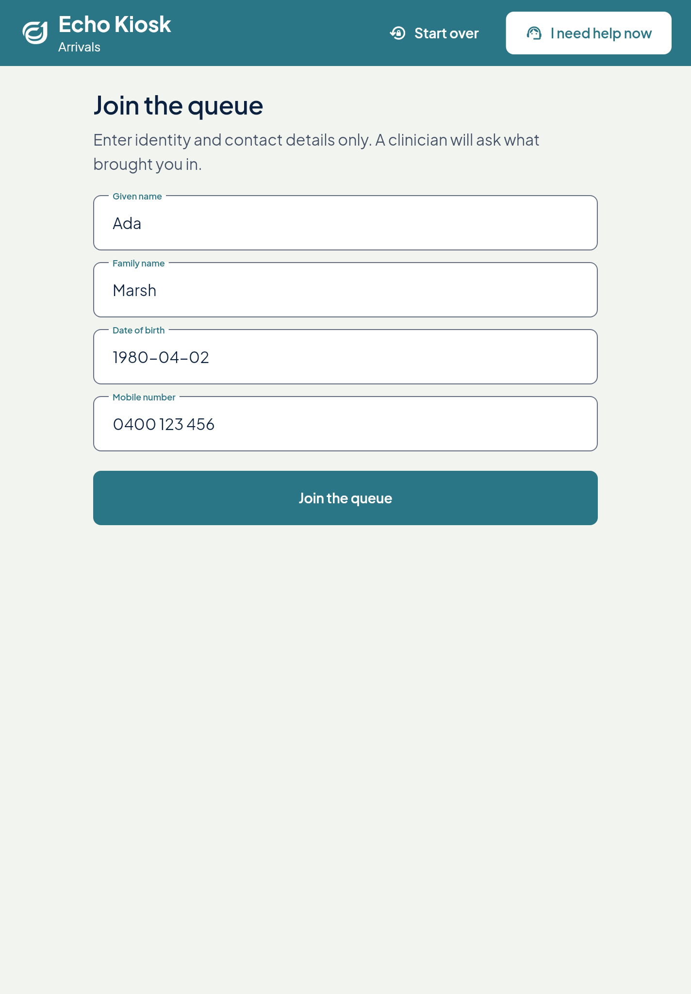 Echo Kiosk: join the queue with identity and contact details only.