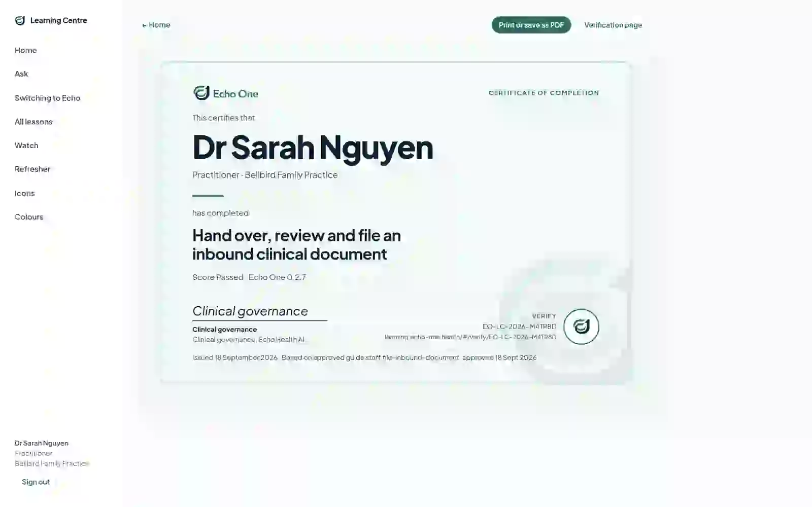 A certificate of completion with a verification code and link.