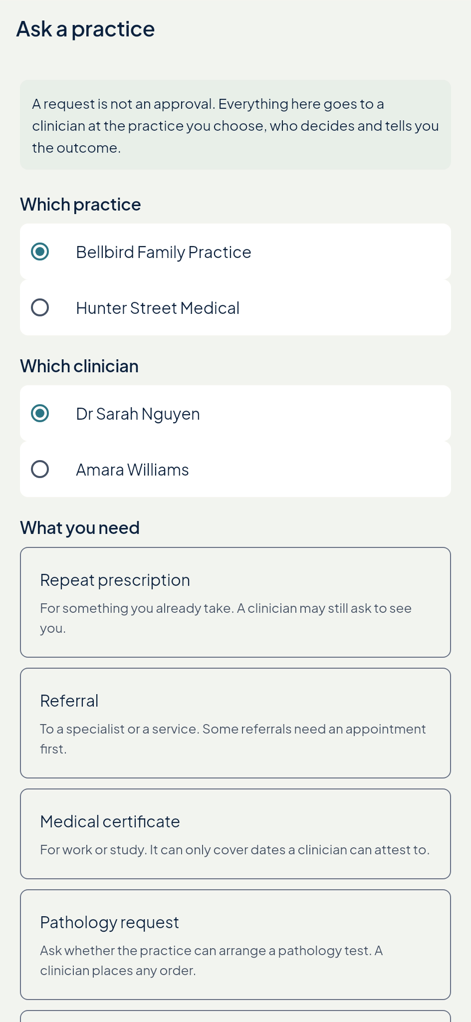 Echo Patient: ask a practice for a repeat prescription, referral, medical certificate or pathology request. A request is not an approval.