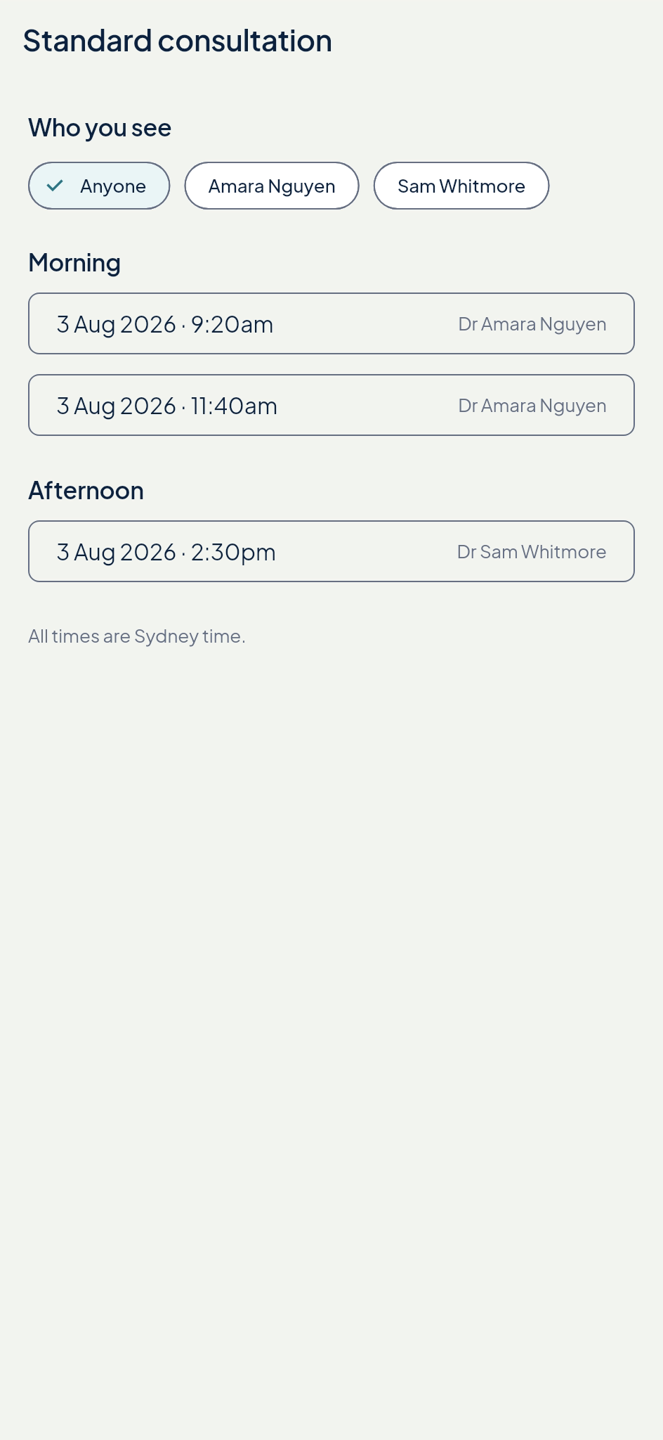 Echo Patient booking: morning and afternoon times with the clinician for each.