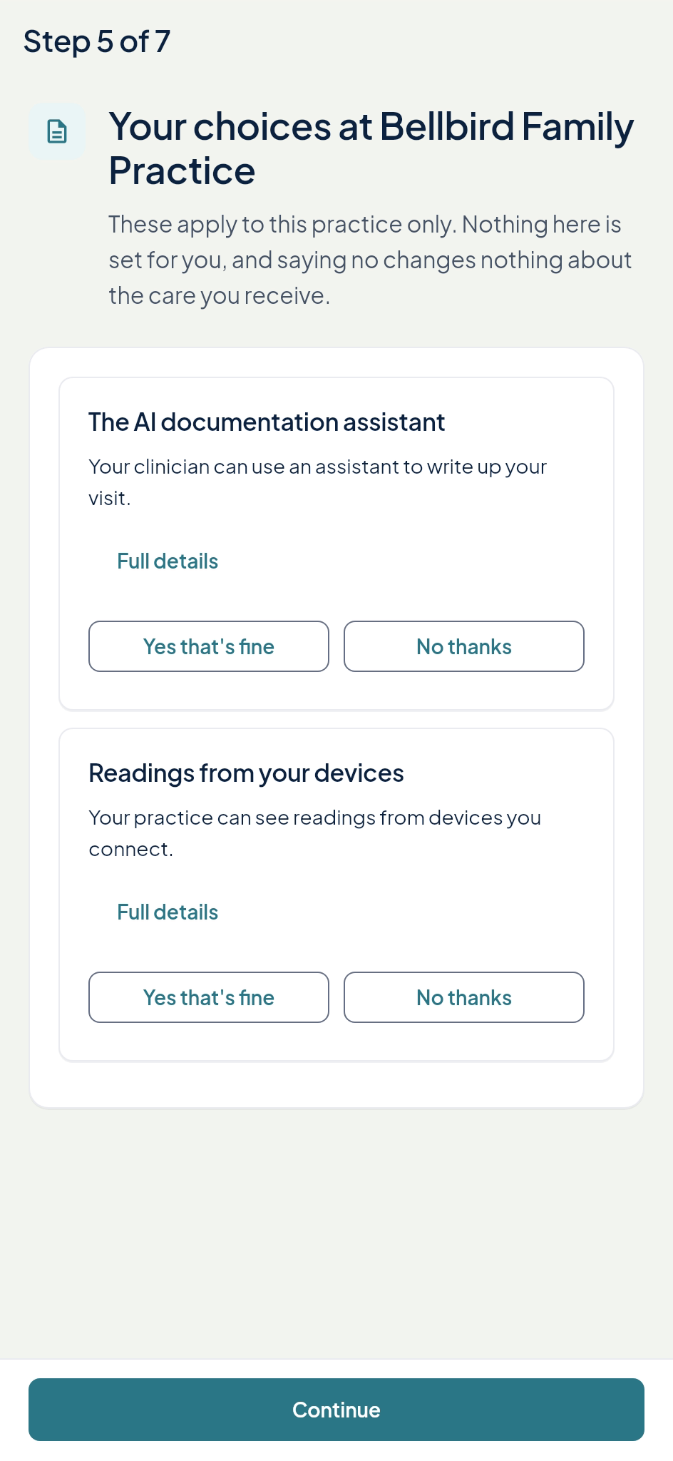Echo Patient check-in: choices about the AI documentation assistant and device readings, each yes or no.