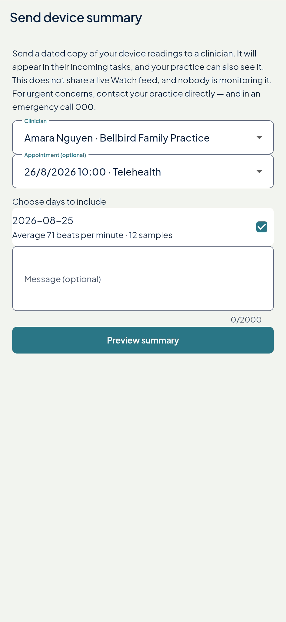 Echo Patient: send a dated summary of device readings to a named clinician, with a note.