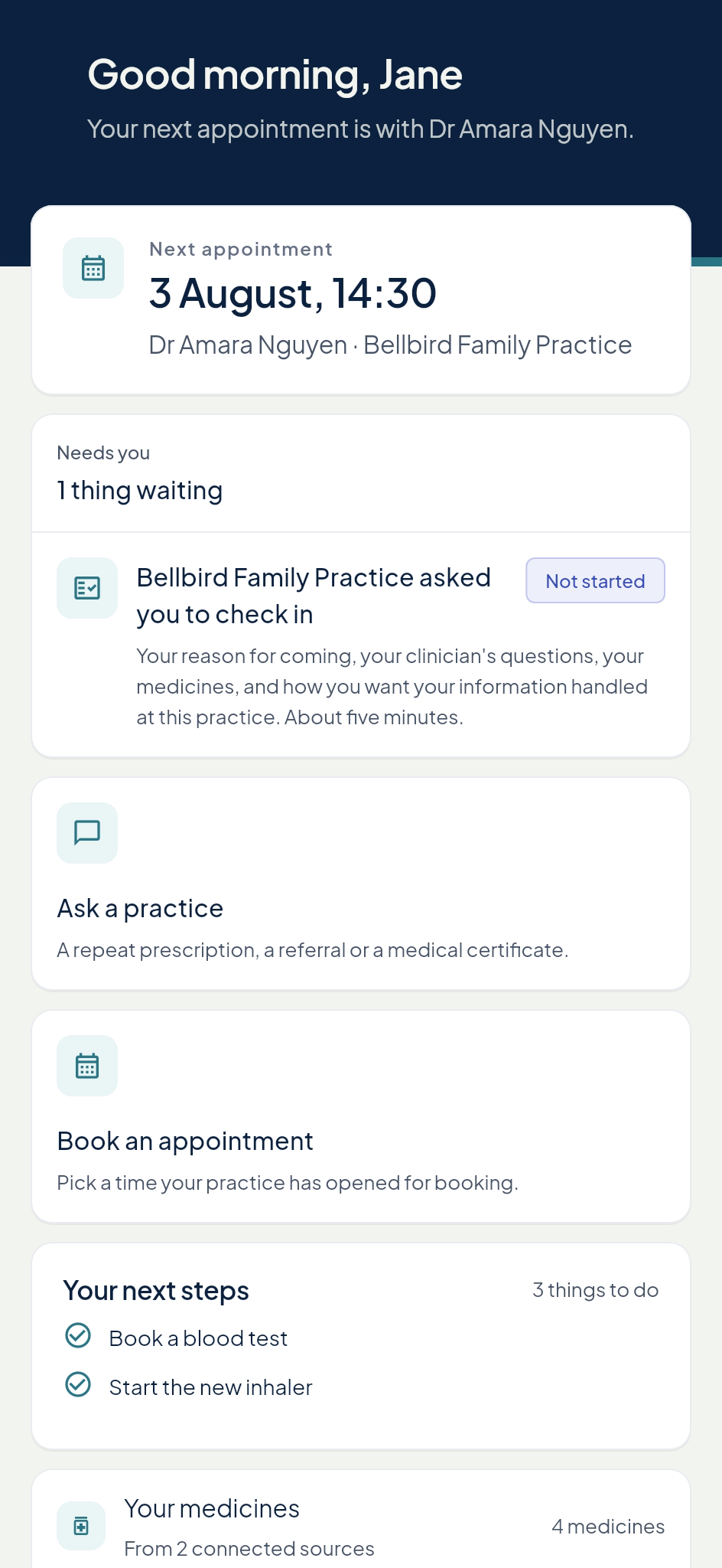 Echo Patient home: next appointment, a check-in the practice asked for, ask a practice, book an appointment.