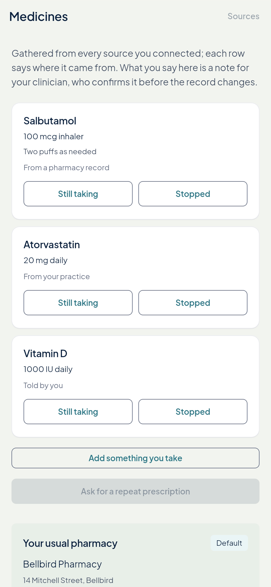 Echo Patient medicines, each labelled with its source, with still taking or stopped.