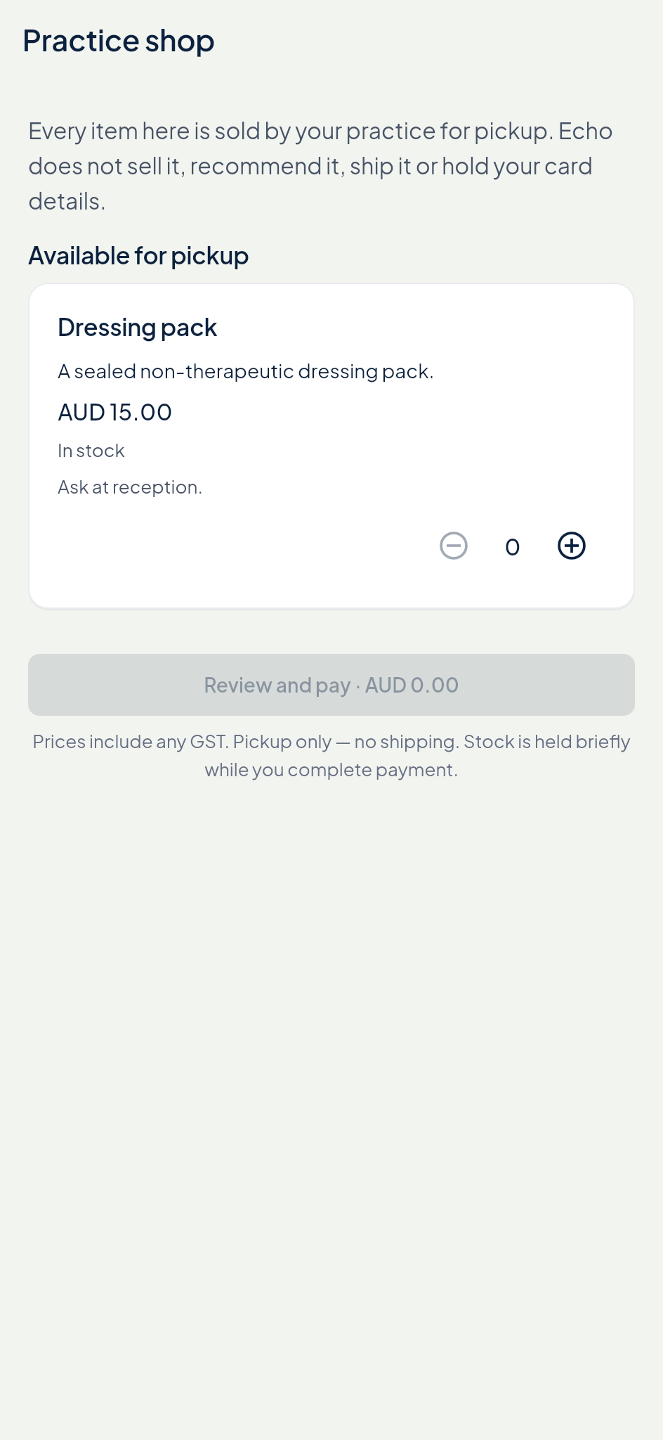 Echo Patient practice shop: an item sold by the practice for pickup, with price and stock.