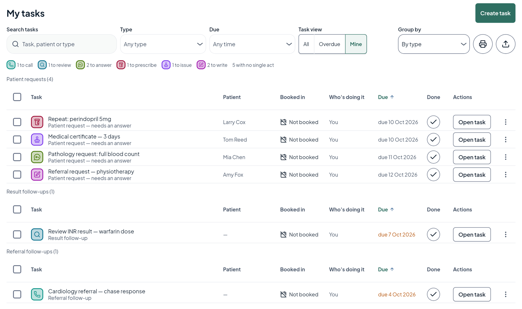 My tasks: patient requests, result follow-ups and recalls with owners and due dates.
